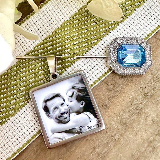 Elegant Something Blue Pin with Memory Photo Charm - Perfect Pendants Plus