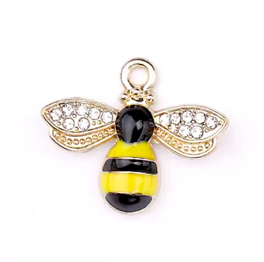 Gold Bee Charm with Rhinestone Wings – Enamel Honeybee Pendant for DIY Jewelry