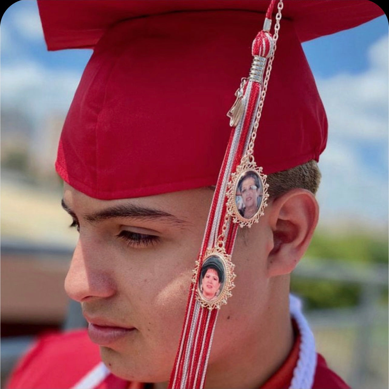 Man with memorial graduation cap tassel charm