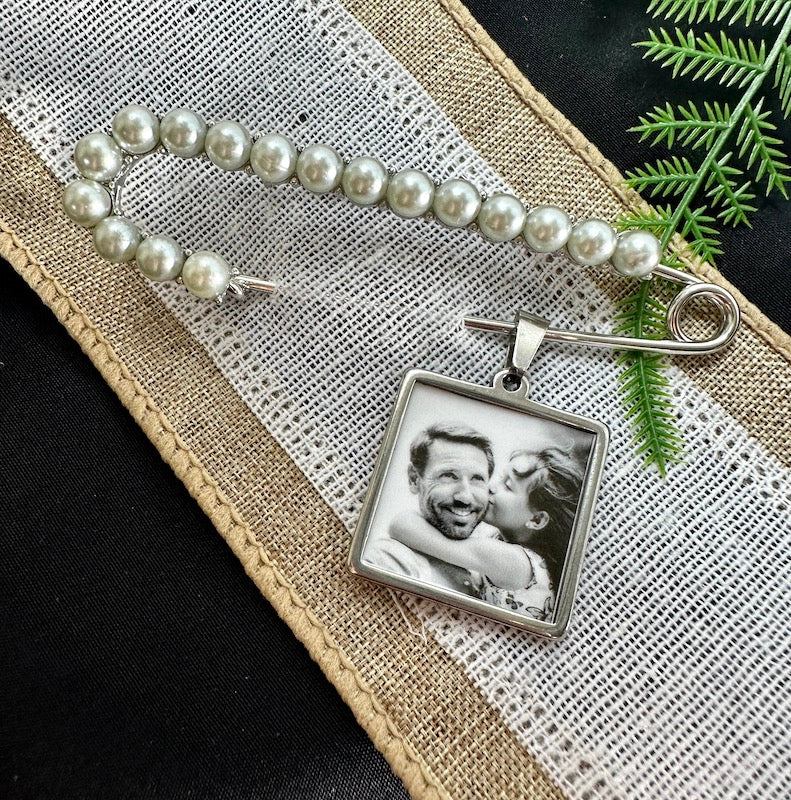 Photo charm Groom or Brides wedding bouquet and Pearl Pin - Perfect Pendants Plus