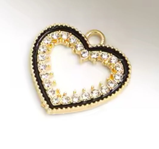 Gold Heart Crystal Charm Black Rhinestone for Bracelets