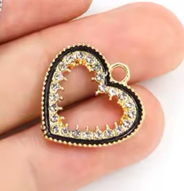 Gold Heart Crystal Charm Black Rhinestone for Bracelets