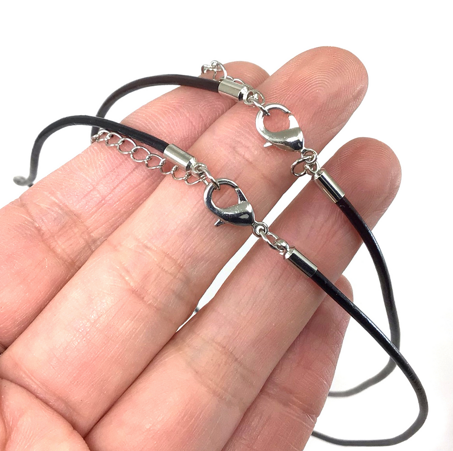 Black leather necklace silver lobster clasp and extender