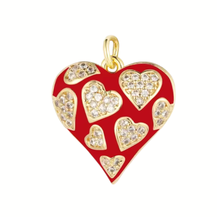 Red Gold-Plated Heart Sunburst Charm with Cubic Zirconia for Bracelets Necklaces