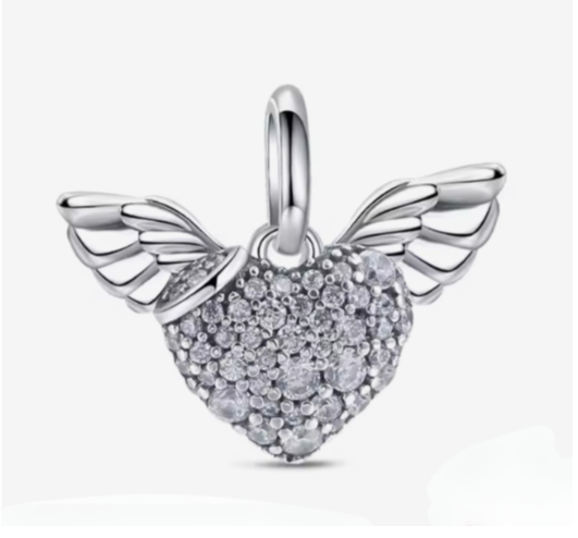 Silver Angel Wings Heart Crystal Charm for Bracelets, Necklaces