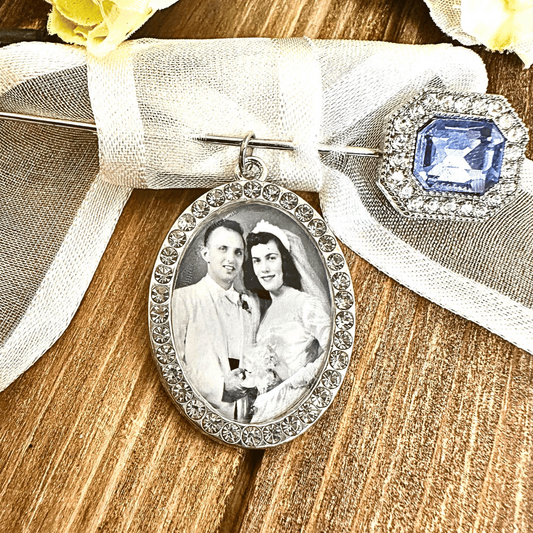 Wedding Bouquet Charm Something Blue Brooch with Photo Charms - Perfect Pendants Plus
