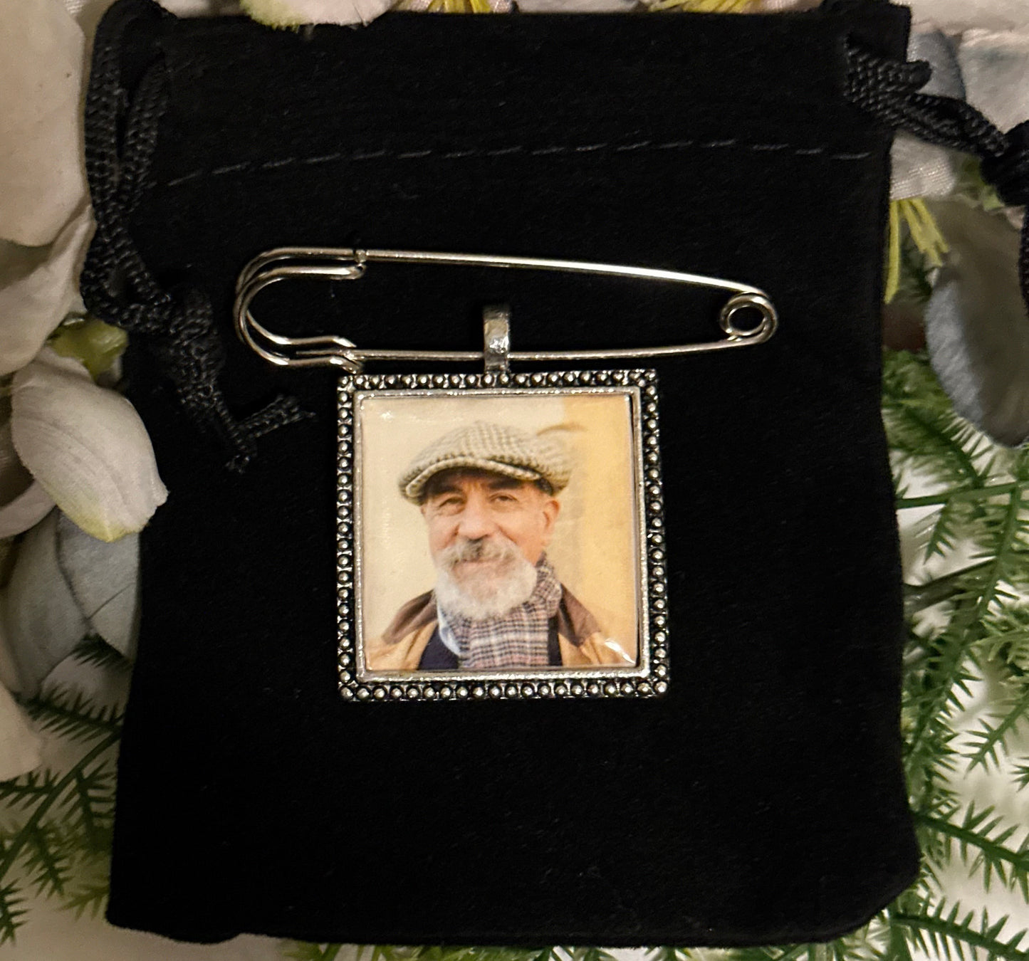 Beaded Square Edge Memorial Photo Charm Keepsake for Boutonnière