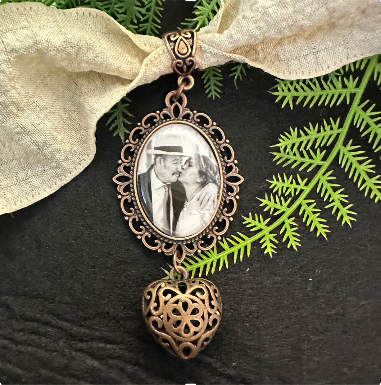 Custom Lace Wedding Photo Charms for brides bouquet keepsake