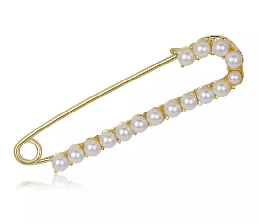 Gold pearl safety pin brooch
