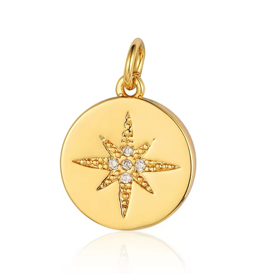 Round Gold Star Cubic Zirconia Charm for Bracelets, Necklaces Jewelry Making