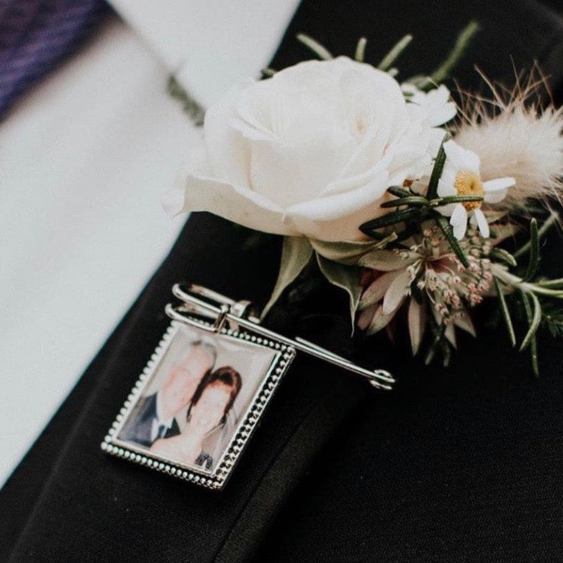 Beaded Square Edge Memorial Photo Charm Keepsake for Boutonnière