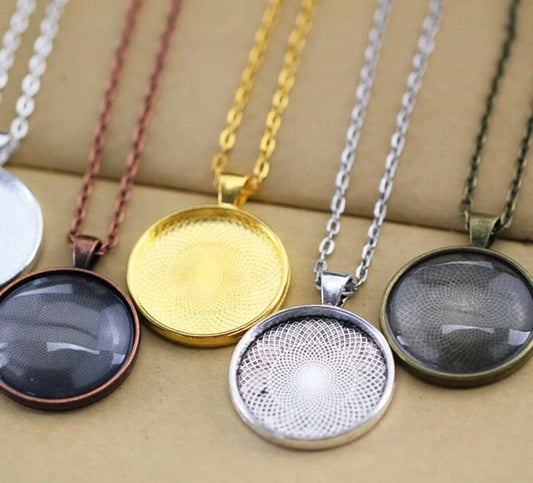 DIY 10 or 20 KITS - 30mm Round Blank Pendant necklace kits with Matching Glass and Necklaces - Bronze, Silver, Black or Copper