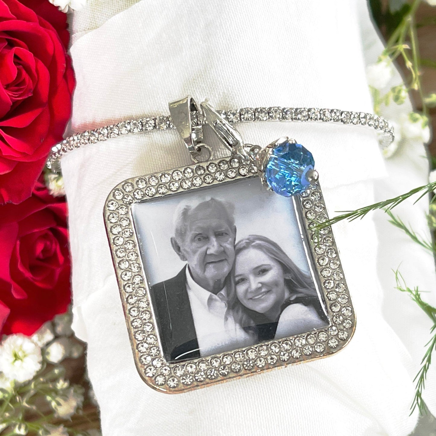 Bouquet Wrap Silver Memorial Photo Pendant - Perfect Pendants Plus
