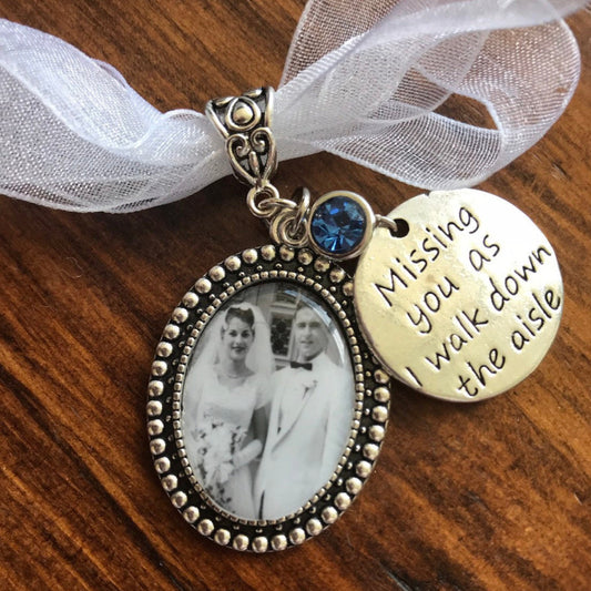 Custom Wedding Something Blue photo Memory charm to attach to bride bouquet Gift for wedding bridal shower - Remembering Loved ones