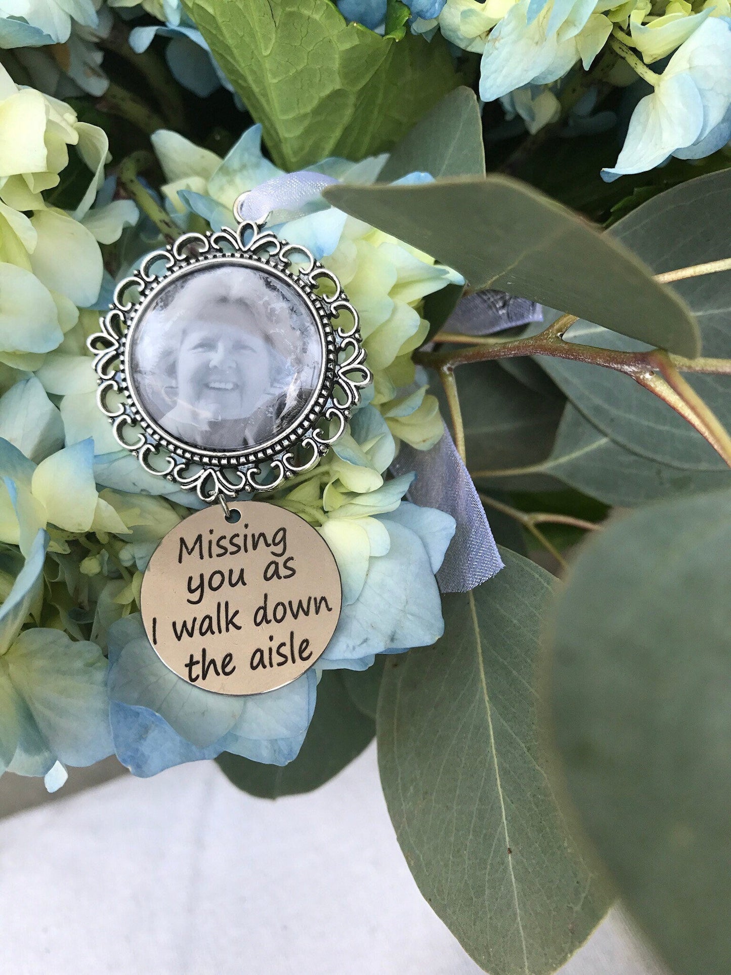 Missing you as I walk down the aisle Wedding Memory charm to hang on wedding bouquet for Bride - Silver Keepsake something blue