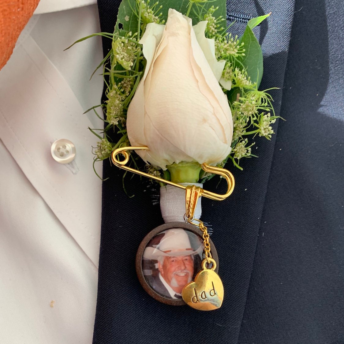 Wood Photo Memorial Pin Charm and Saying Wedding Photo Charm Keepsake - Perfect Pendants Plus