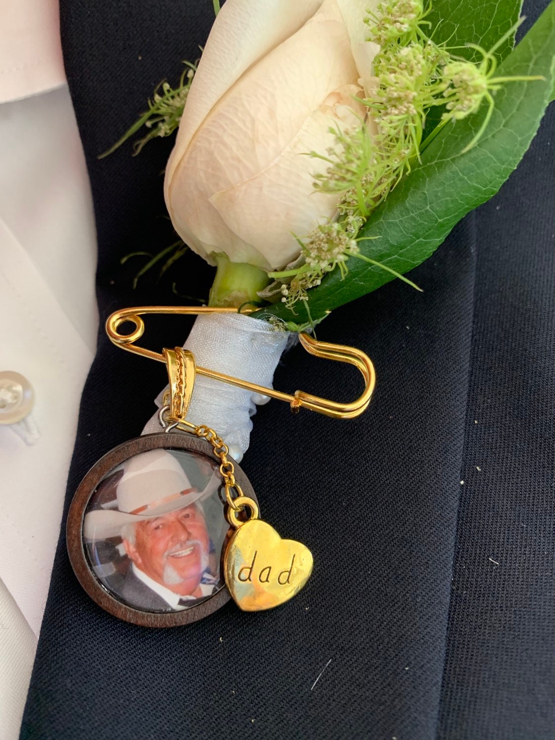 Wood Photo Memorial Pin Charm and Saying Wedding Photo Charm Keepsake - Perfect Pendants Plus