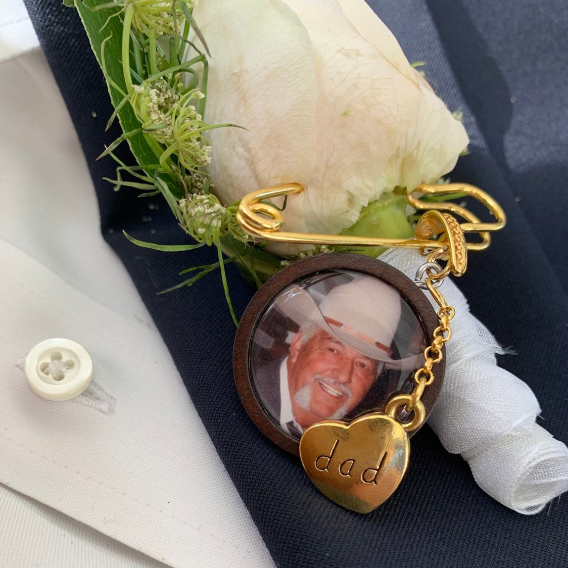 Wood Photo Memorial Pin Charm and Saying Wedding Photo Charm Keepsake - Perfect Pendants Plus