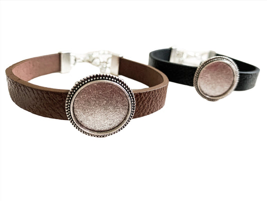 Leather Bracelet setting GREAT QUALITY - Makes 1 Complete Bracelet - Round Base with Matching Glass Cabochon Bronze Jewelry making