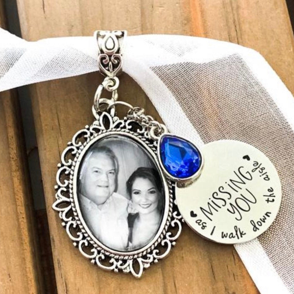 CUSTOM Made Walk me down the aisle Wedding bouquet charm In memory of Jewelry for gift for bride Silver Bouquet attachment - Something Blue