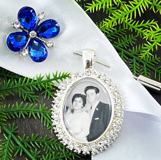 Custom made wedding bouquet photo charm for bridal bouquet Crystal pendant and brooch wedding Silver something blue