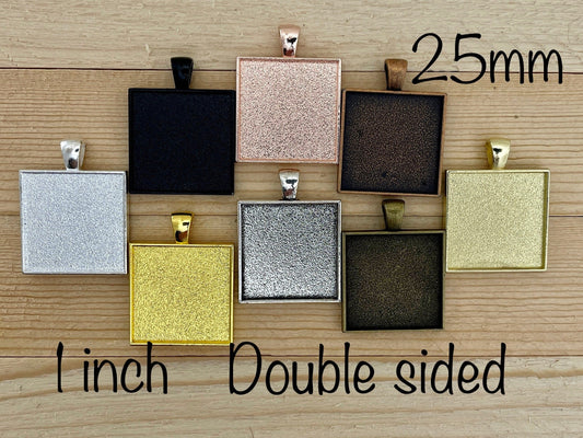 Double sided square Pendant Necklace setting 1 inch 2 sided Bronze , silver plated for DIY Necklace Jewelry making FREE Shipping offer