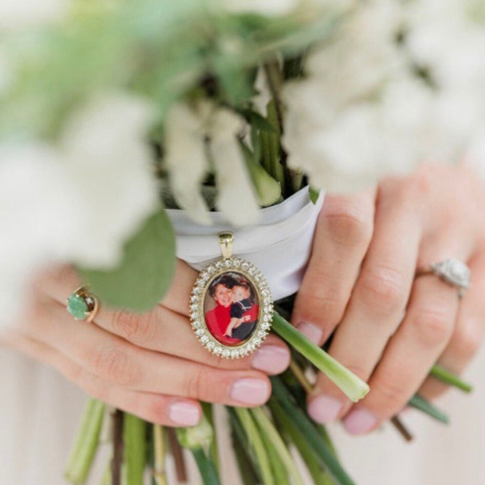 Wedding Bouquet Keepsake Photo Oval Rhinestone - Perfect Pendants Plus
