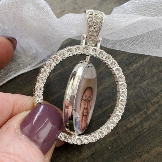 Double sided Weddingb Gift memorial photo charm to wear on cap in memory Custom made with your photo & saying