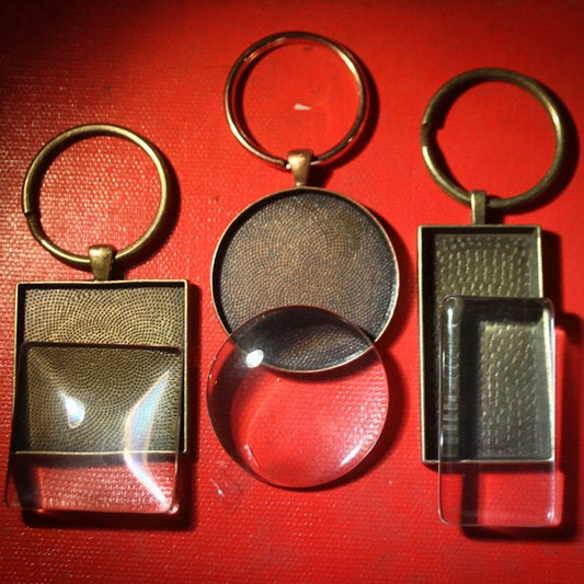 9 piece DIY Keychain kit Round, Square and Rectangle (Your choice of colors) Make 3 Keying, Base setting, Matching Glass and keychain