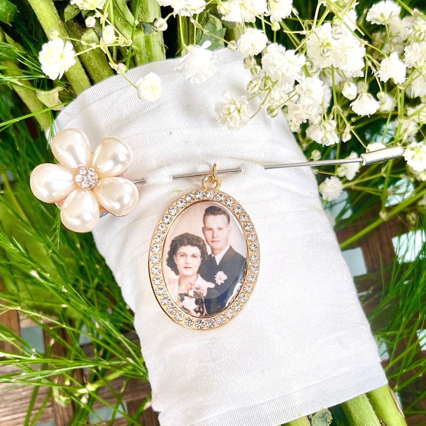 Pearl Flower Pin with Rhinestone Photo Charm Bridal gift - Perfect Pendants Plus