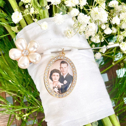 Wedding Bouquet Memory photo charm and pin for brides bouquet or groom Gift for bridal shower - Remembering Loved ones