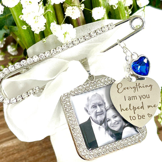 Something Blue Wedding Bouquet Photo memory charm with your photo inserted Silver charm and pin