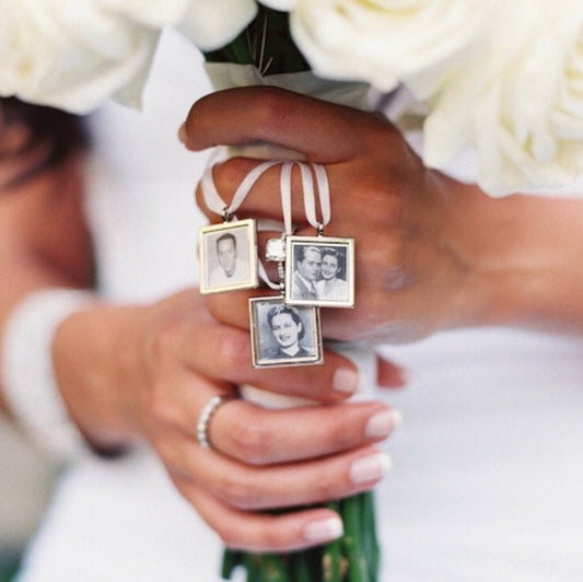 Walk me down the aisle - Wedding Jewelry charms to hang from bouquet - Square Photo memory pendant for keepsake includes everything you need