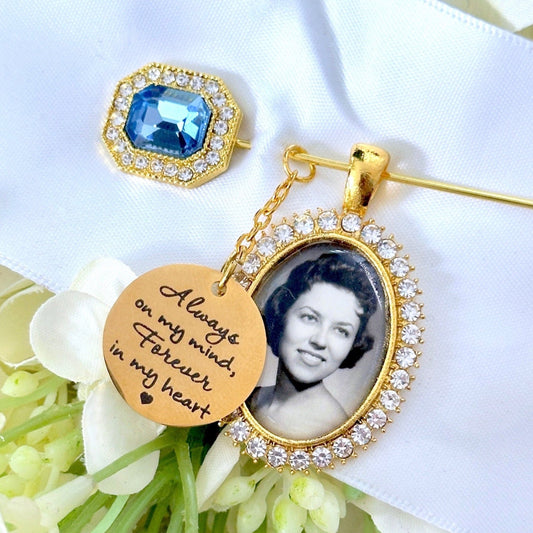 Wedding Memorial Photo Picture Charm Something Blue and Wedding Brooch - Perfect Pendants Plus
