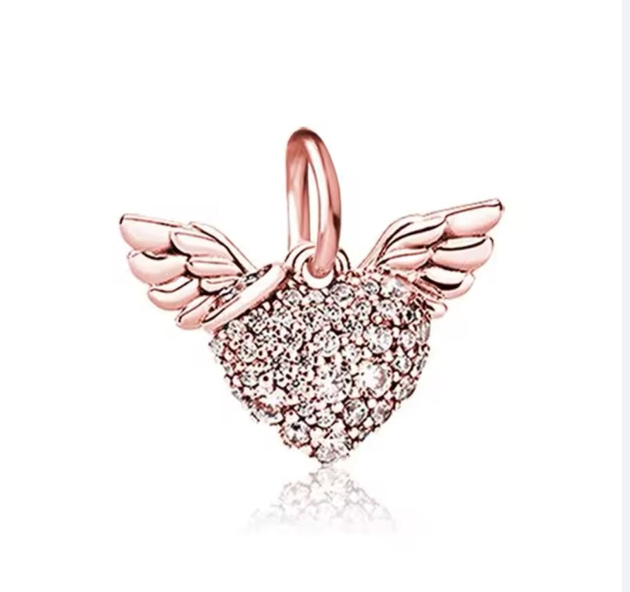 Rose Gold Angel Wings Heart Crystal Charm for Bracelets, Necklaces