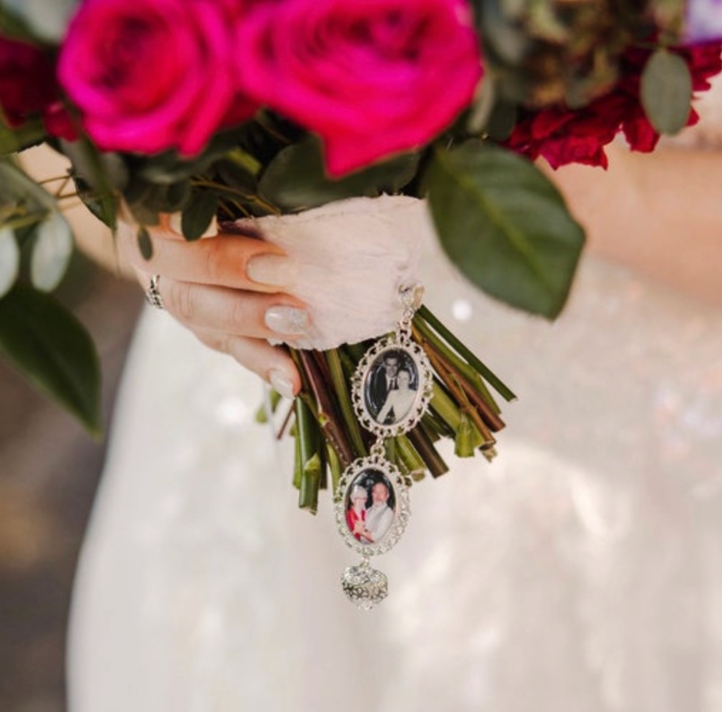silver gift for brides bouquet on her wedding day 