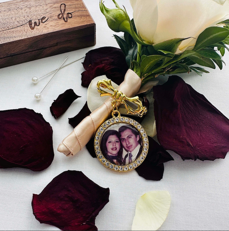 Personalized Wedding Bouquet Brooch and Photo Charm