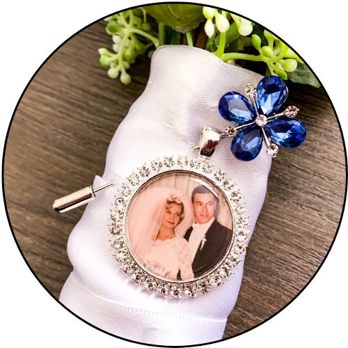 Floral Brooch Something Blue with Memory Photo Charm Wedding Gift for Bride - Perfect Pendants Plus