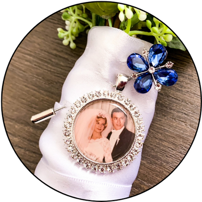 Floral Brooch Something Blue with Memory Photo Charm Wedding Gift for Bride - Perfect Pendants Plus
