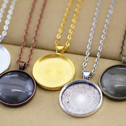 DIY 10 or 20 KITS - 30mm Round Blank Pendant necklace kits with Matching Glass and Necklaces - Bronze, Silver, Black or Copper