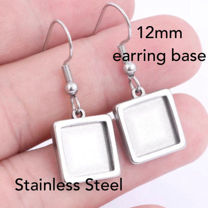 Kits 12mm Square Stainless Steel Earring Making Kits Pendant Setting, Glass, & Wires - Perfect Pendants Plus