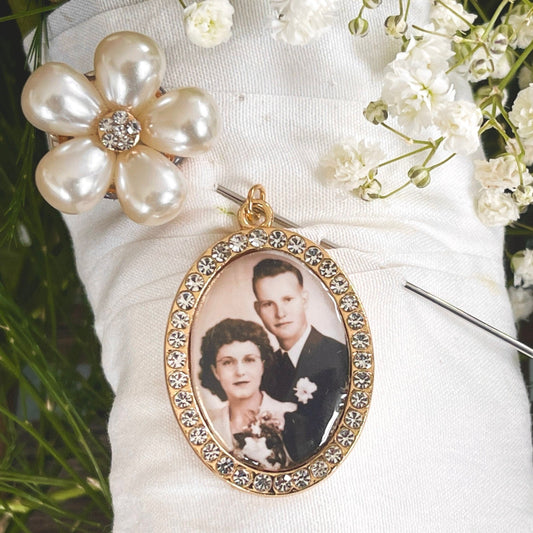 Pearl Flower Pin with Rhinestone Photo Charm Bridal gift - Perfect Pendants Plus