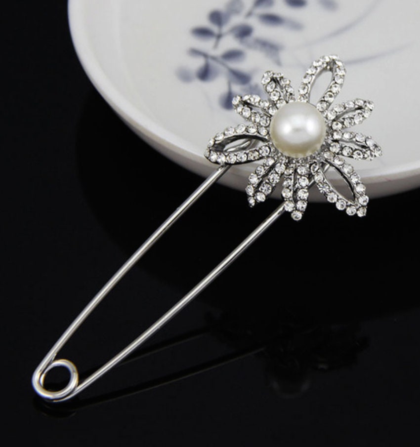 Silver Flower Pearl and Rhinestone Pin - Perfect Pendants Plus