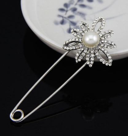 Silver Flower Pearl and Rhinestone Pin - Perfect Pendants Plus
