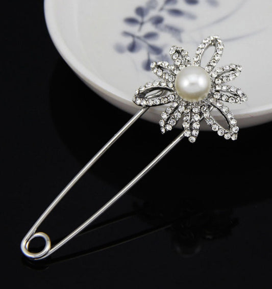 Silver Flower Pearl and Rhinestone Pin - Perfect Pendants Plus