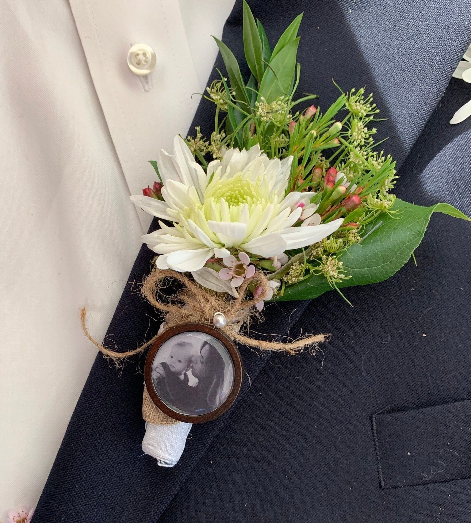 Personalized lapel pin Wood Photo Memory Charm for Boutonniere - Perfect Pendants Plus