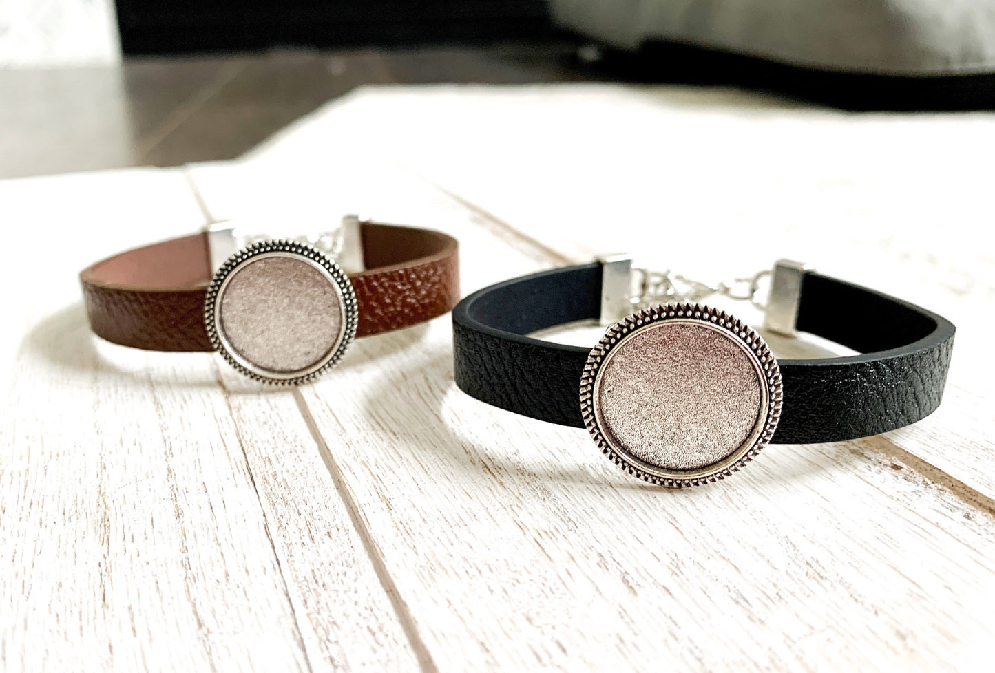 Leather Bracelet setting GREAT QUALITY - Makes 1 Complete Bracelet - Round Base with Matching Glass Cabochon Bronze Jewelry making