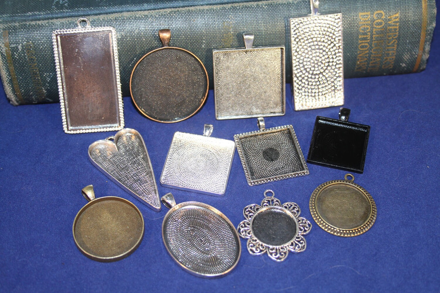 12 DIY Pendant necklace making sampler set of 12 blank pendants - Cabochon, Necklace bezel settings (photo charms ) - Perfect Pendants Plus