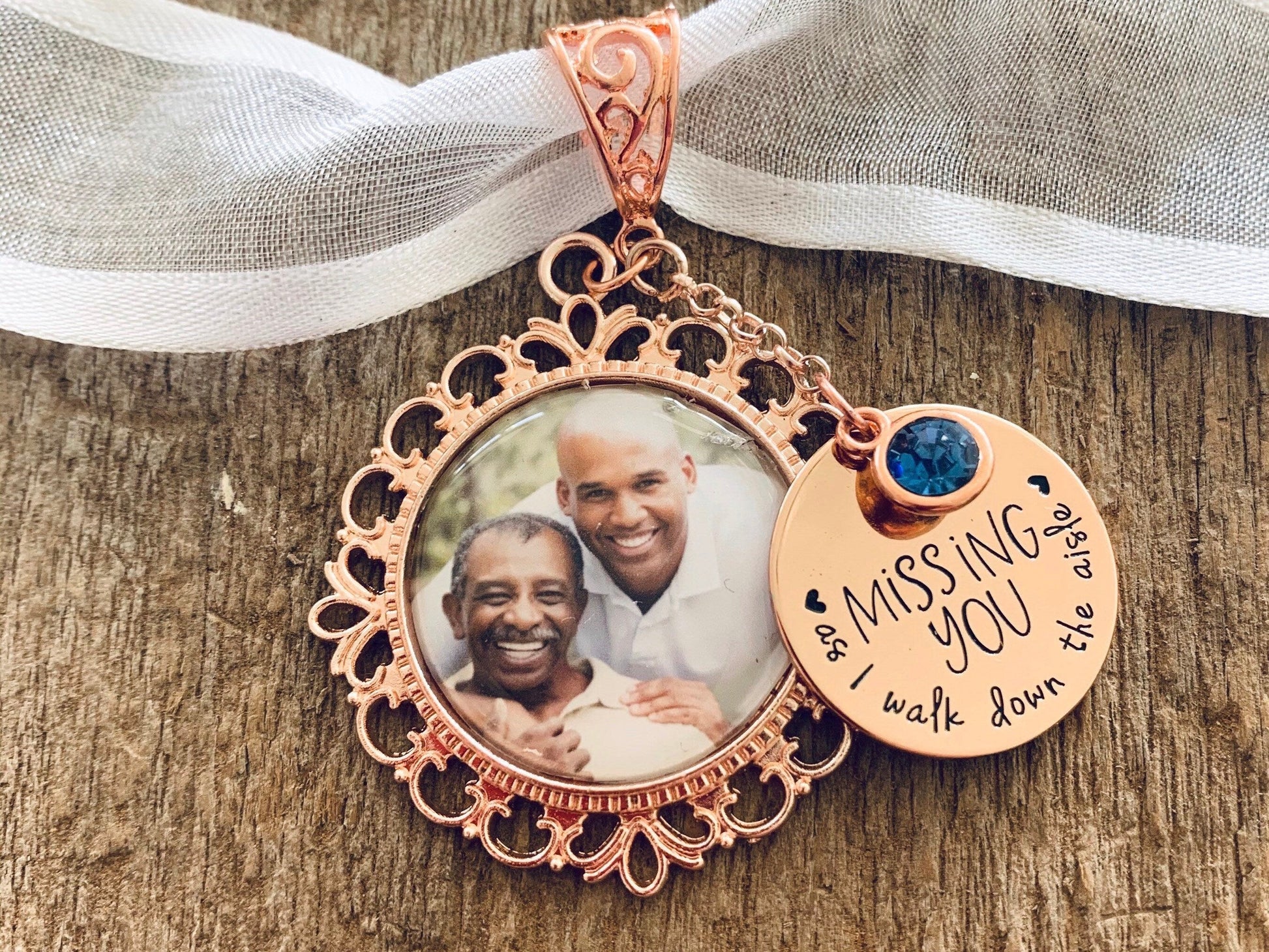 Missing you as I walk wedding photo charm blue - Perfect Pendants Plus