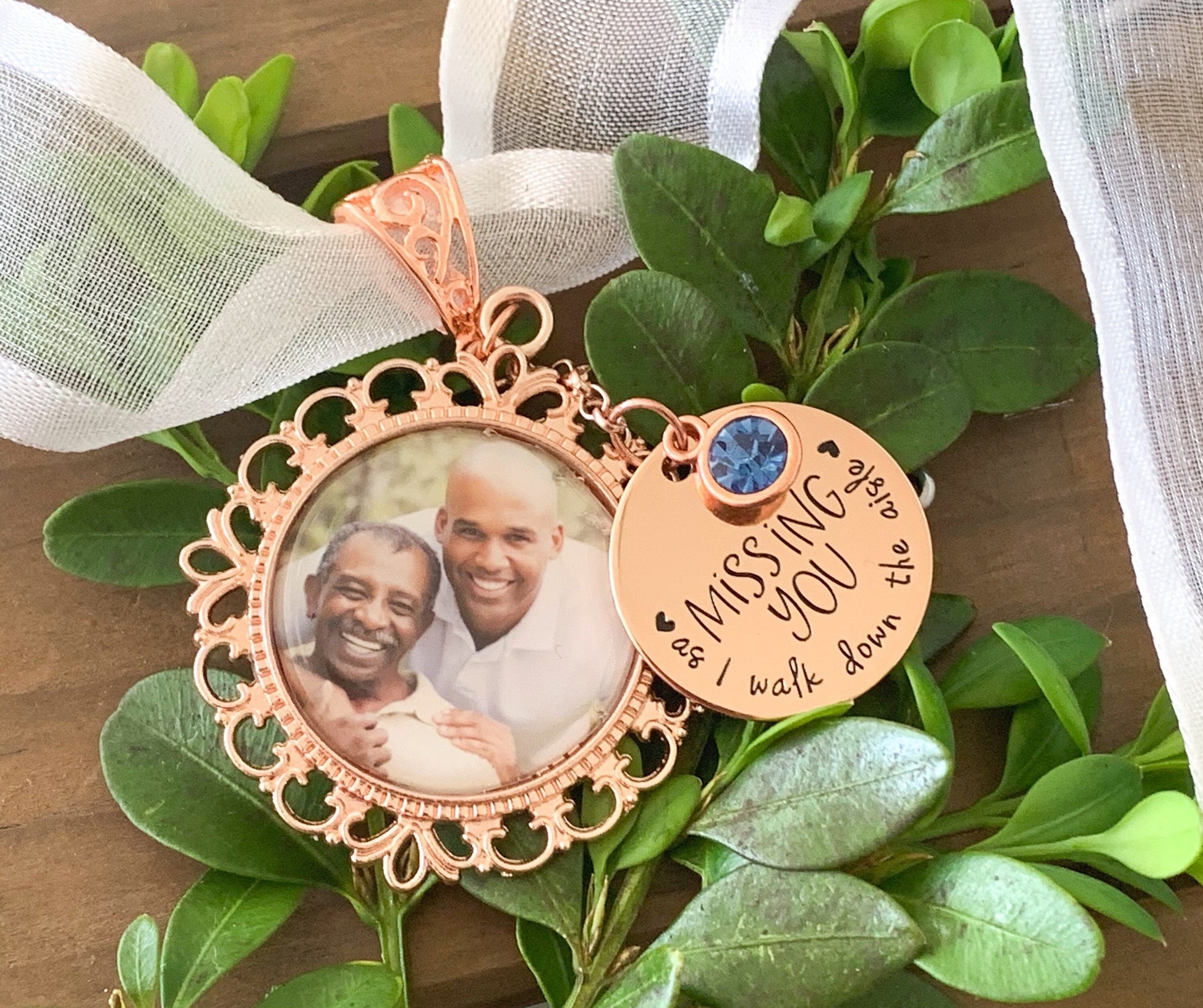 Missing you as I walk wedding photo charm blue - Perfect Pendants Plus